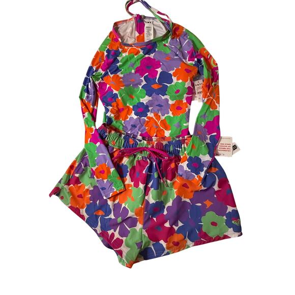ROXY Floral Long Sleeve Swimsuit Set (2-Piece) Size M NWT Rashguard Boardshorts - Picture 2 of 6